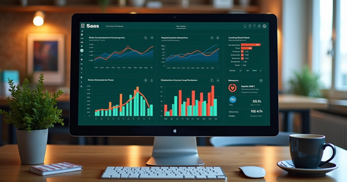 Dashboard com métricas de funil e gráficos coloridos SaaS 