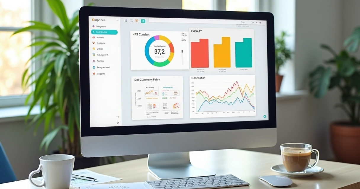 Dashboard com gráficos de NPS e CSAT em tela de computador clara 