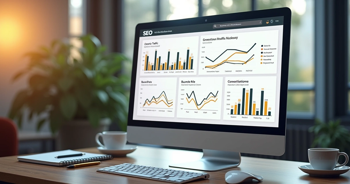 Monitor exibindo dashboard de métricas orgânicas com indicadores de tráfego e conversão em destaque. 