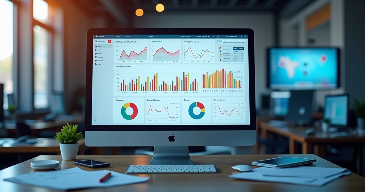 Dashboard colorida mostrando métricas detalhadas de um site empresarial 