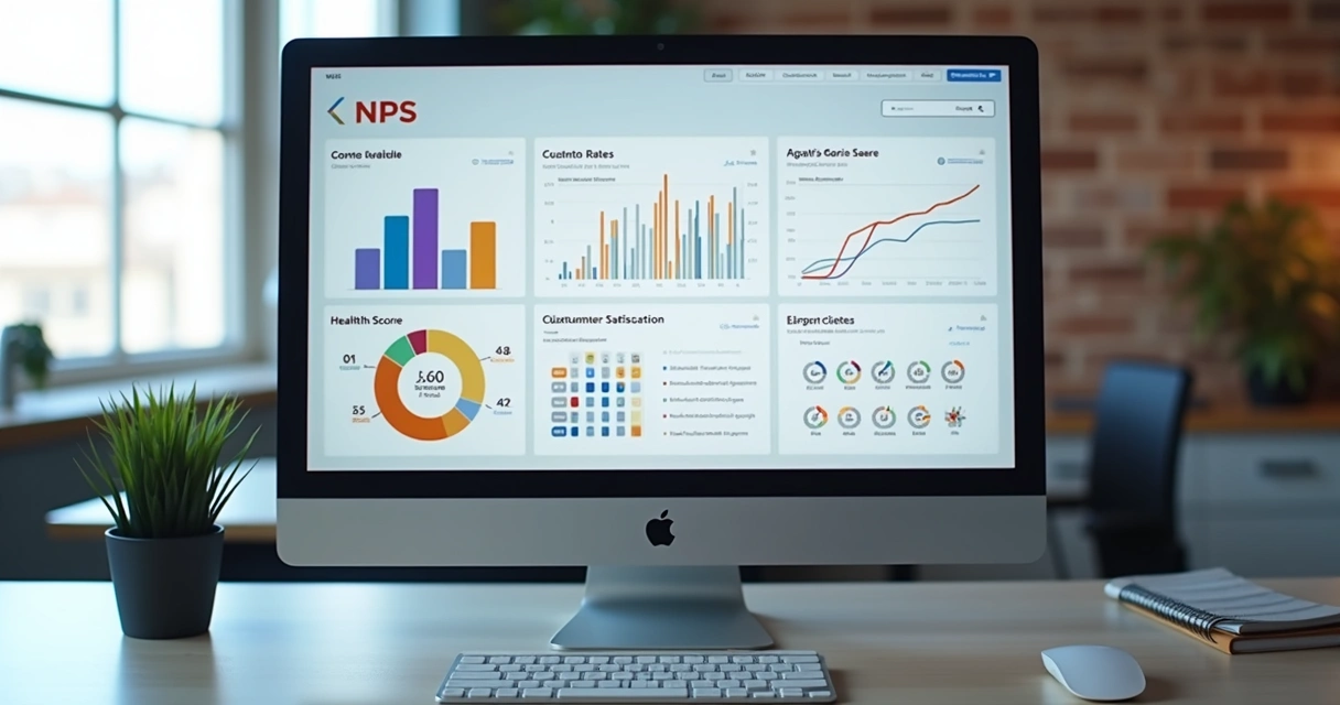 Dashboard exibindo métricas NPS, churn e health score em tela de computador. 