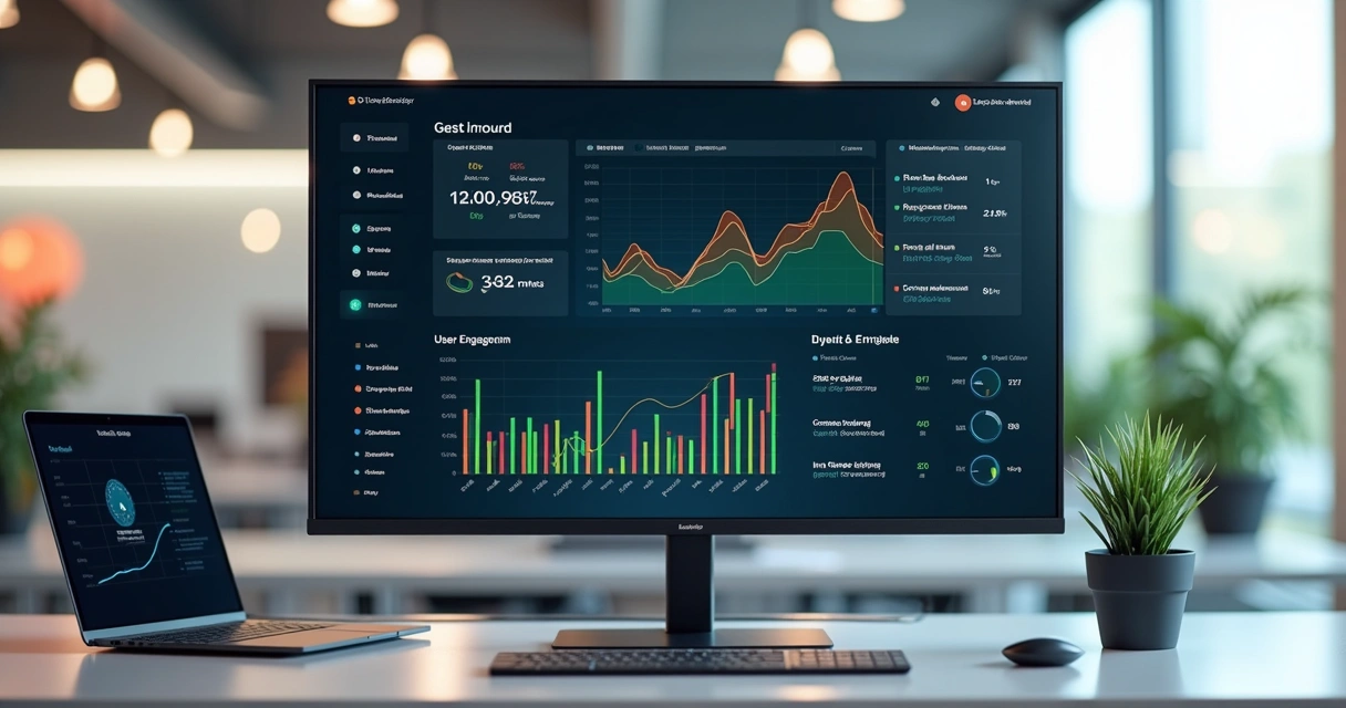 Dashboard digital com gráficos e métricas tecnológicas para startups em tela brilhante 
