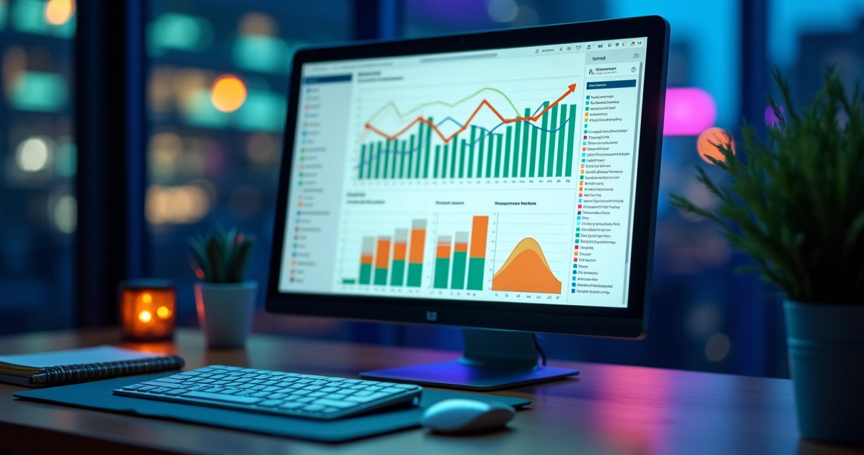 Dashboard colorido exibindo gráficos e métricas tecnológicas em uma tela de computador, com gráficos de barras, linhas e informações visíveis 