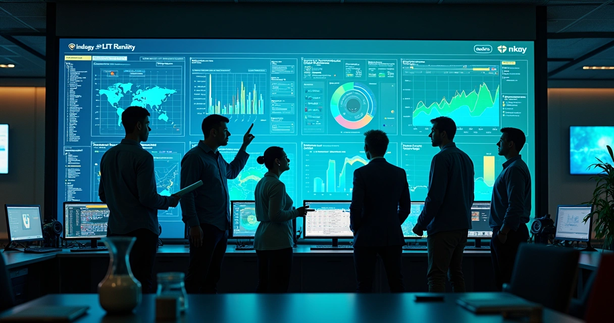 Dashboard de métricas de TI em monitor grande, equipe analisando 