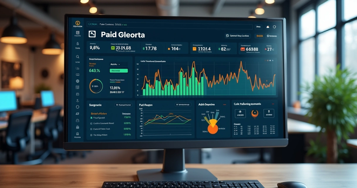 Tela de dashboard digital exibindo gráficos e métricas de campanhas de tráfego pago com barras, linhas e números destacados 