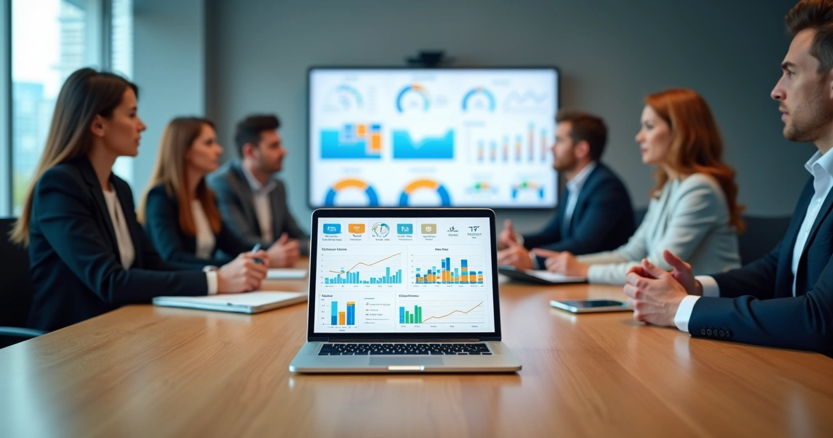 Gestores analisando painel de métricas de treinamento corporativo em laptop 