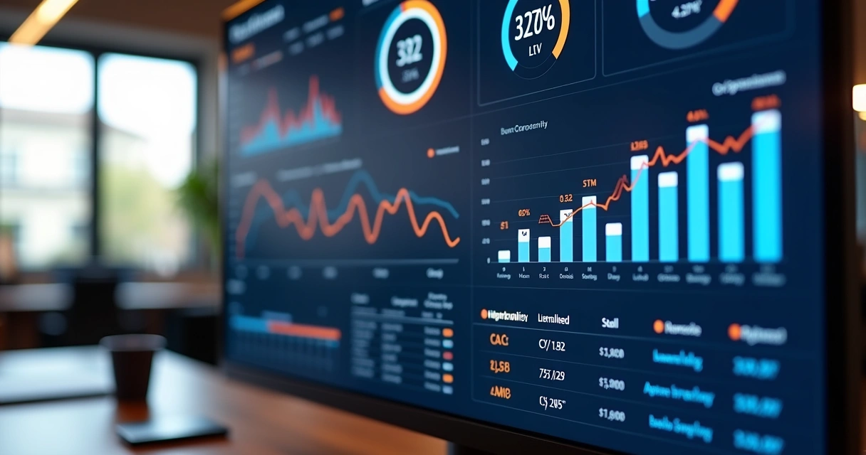 Dashboard colorido mostrando métricas do funil de vendas em tempo real