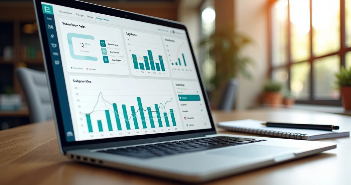 Tela de notebook exibindo dashboard de métricas de vendas de assinaturas com gráficos de barras e linhas, ambiente de escritório. 