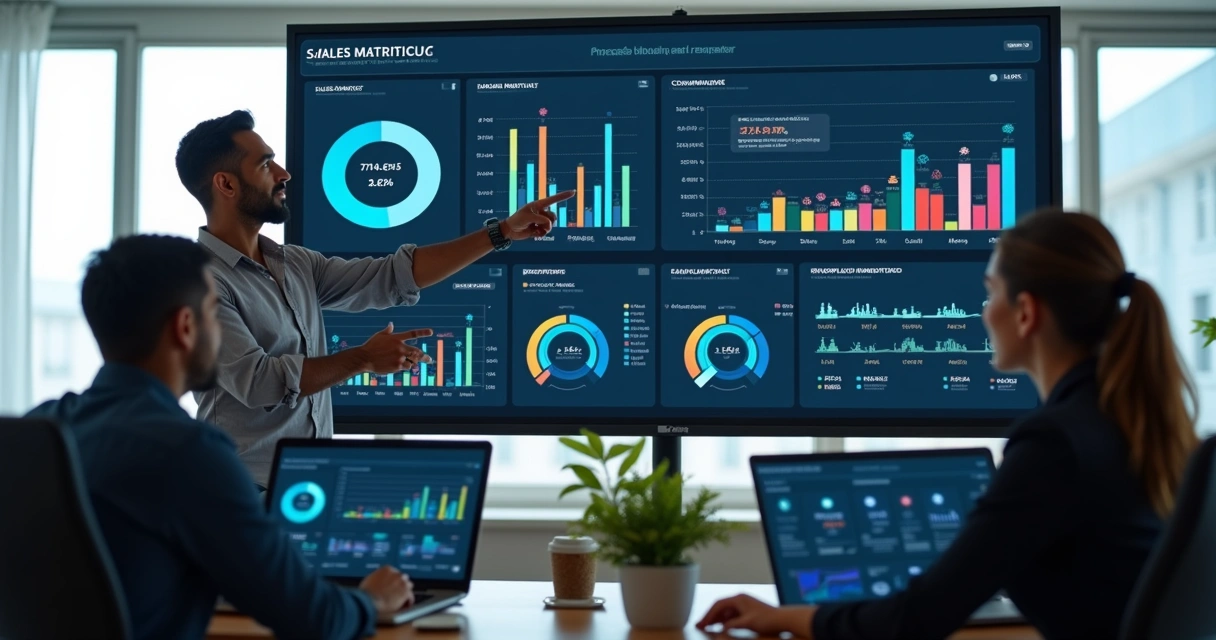 Dashboard digital com métricas de televendas, gráficos coloridos e indicadores de performance em destaque 