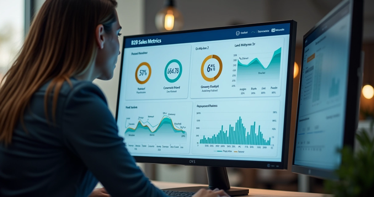 Dashboard digital de métricas de vendas B2B na tela de computador 