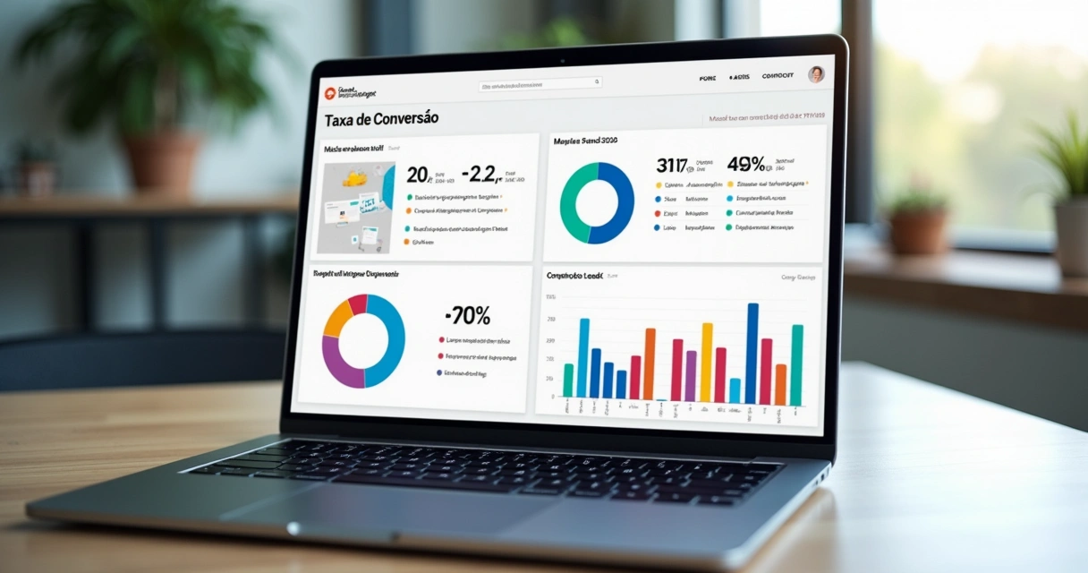 Dashboard de métricas de vendas e marketing digital em tela de laptop
