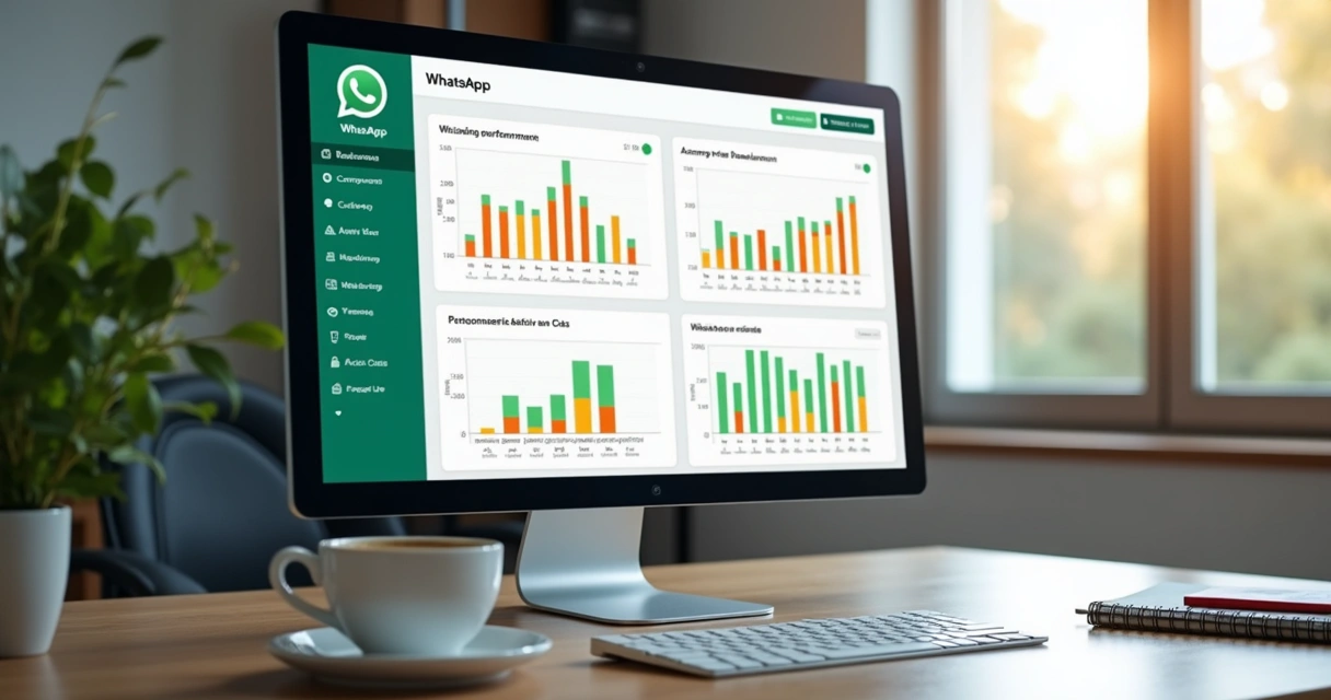 Dashboard com métricas do WhatsApp em monitor de computador 