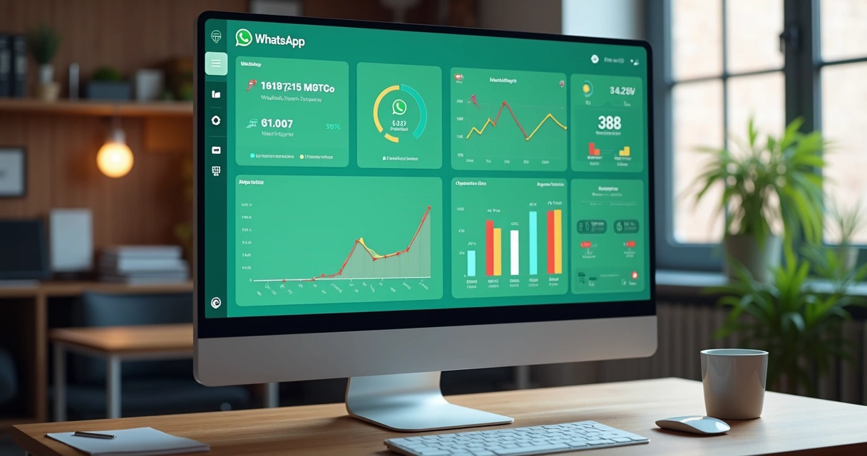 Dashboard com métricas do WhatsApp em tela de computador