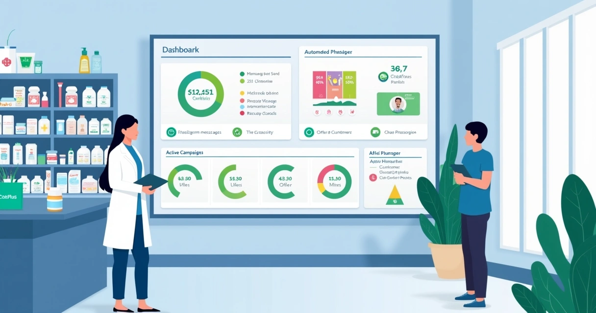 Dashboard de métricas da farmácia mostrando mensagens automáticas 