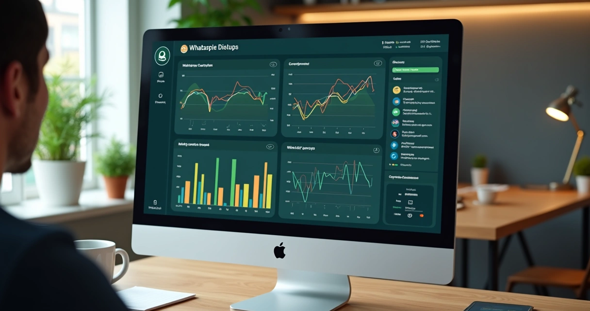 Gráfico de dashboard com métricas variadas de grupos WhatsApp B2B, cores sóbrias, foco em comparação temporal e lista de alertas visíveis 