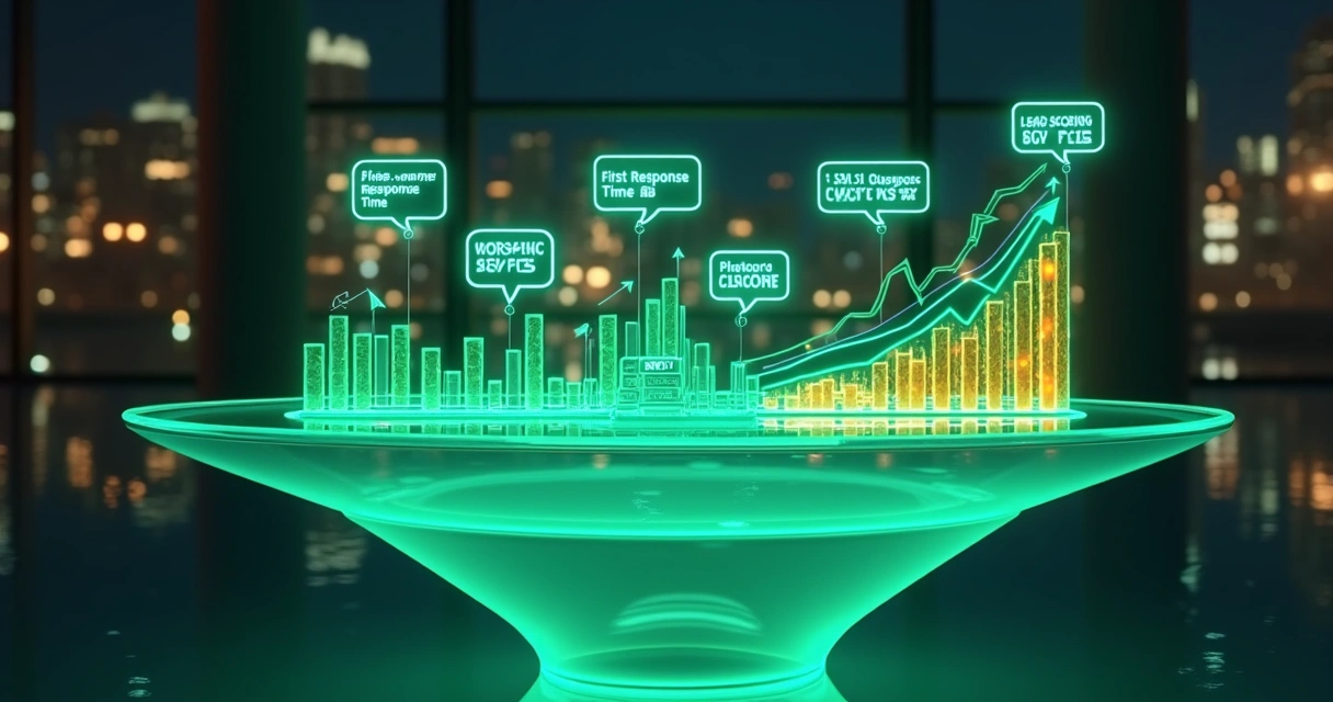 Painel com métricas de WhatsApp projetado sobre mesa em forma de funil de vendas 