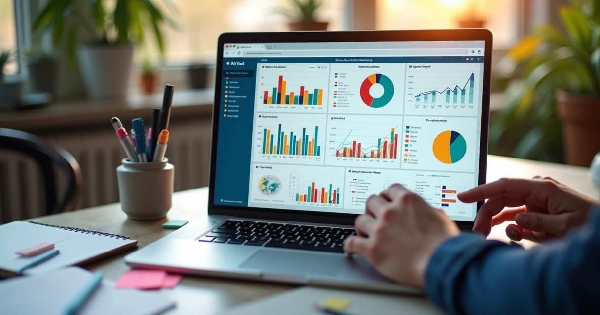 Dashboard moderno e colorido com gráficos e indicadores em tela de notebook 