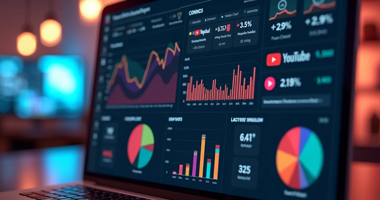 Painel digital com gráficos e indicadores de monetização do YouTube em alta resolução 