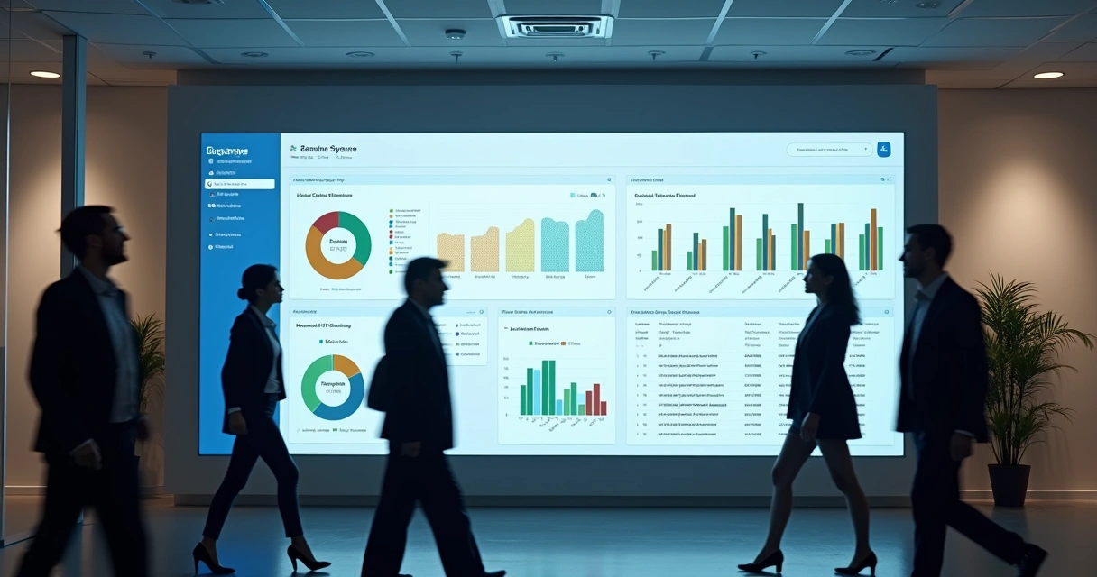 Dashboard digital de chamados de TI mostrando gráficos coloridos em tela grande. 