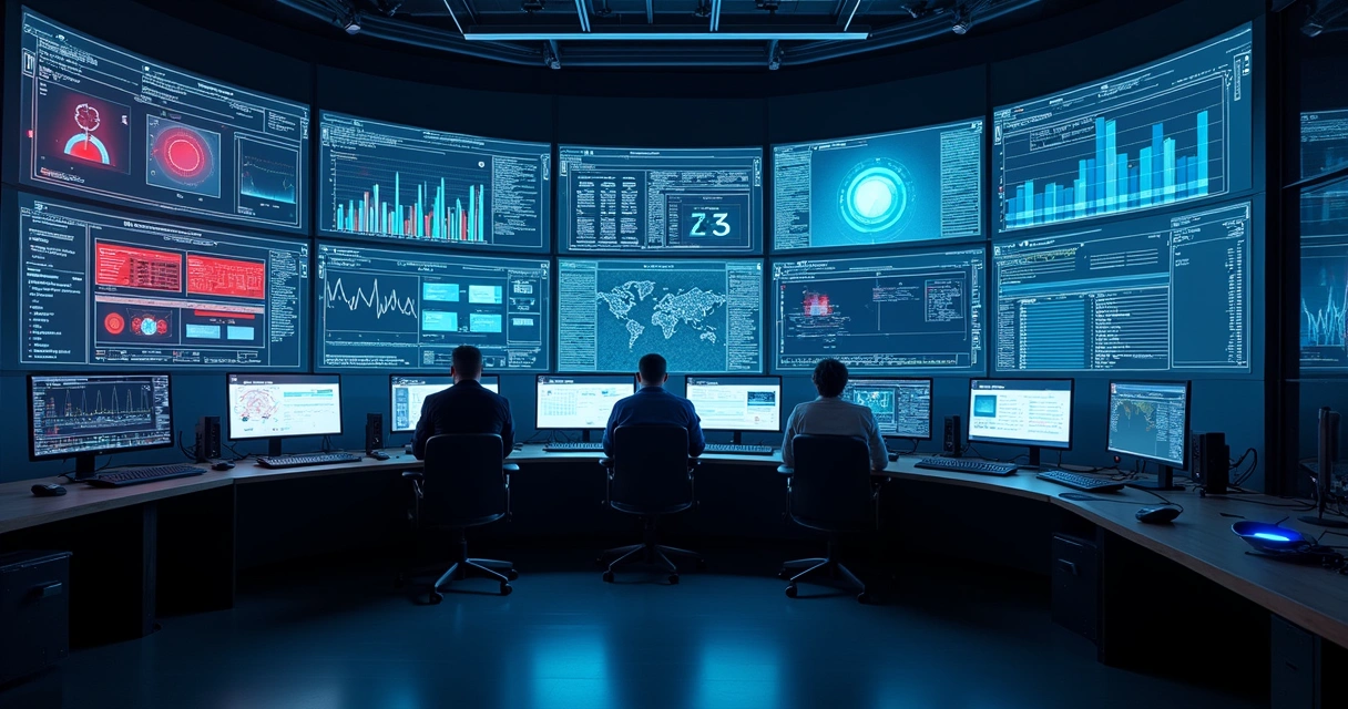 Painel de monitoramento de operações de TI com gráficos de desempenho e IA na tela 