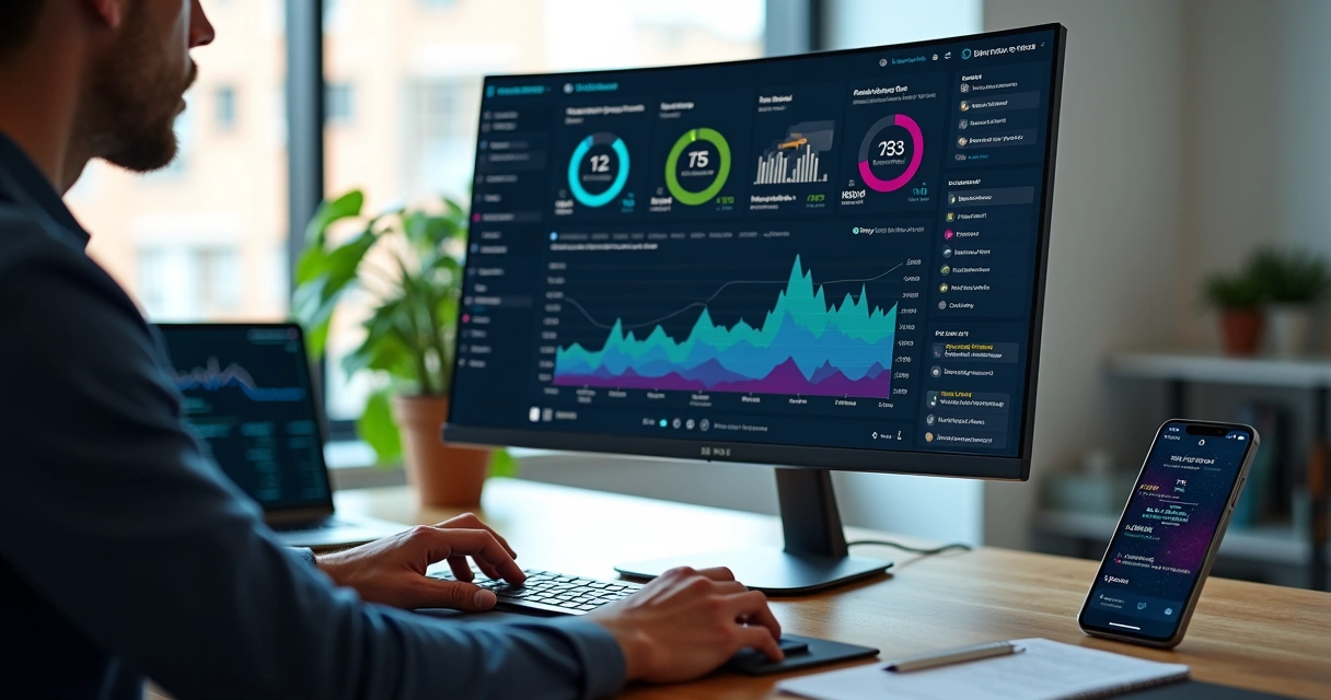 Desenvolvedor monitora dados de API externa em painel ao lado de smartphone com app aberto 