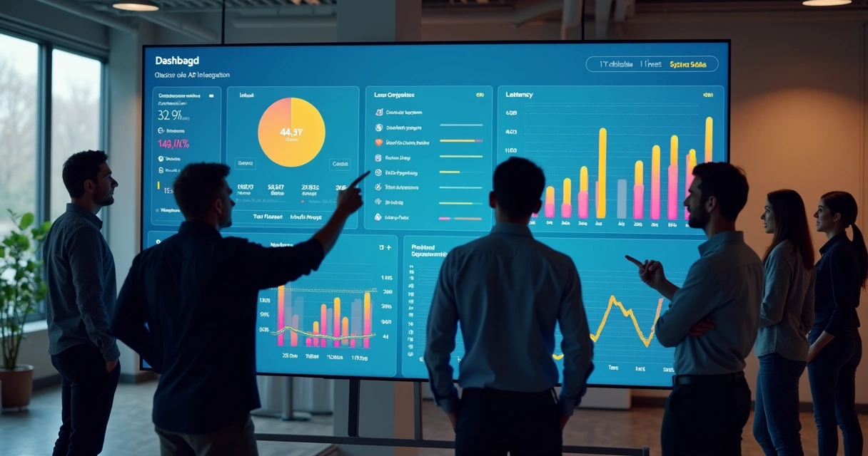 Dashboard digital com gráficos e alertas de monitoramento de APIs em tela grande 