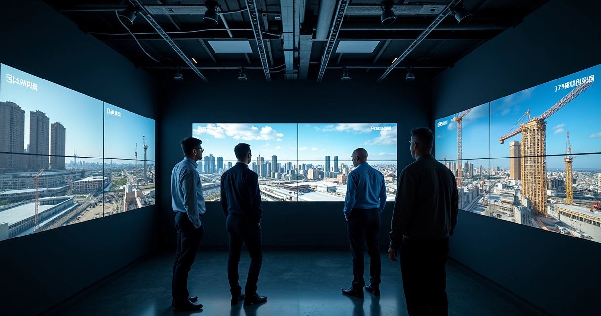 Painel de monitoramento de câmeras em obra com gráficos integrados 
