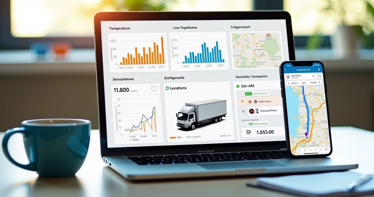 Refrigerated truck monitoring dashboard displayed on notebook and smartphone
