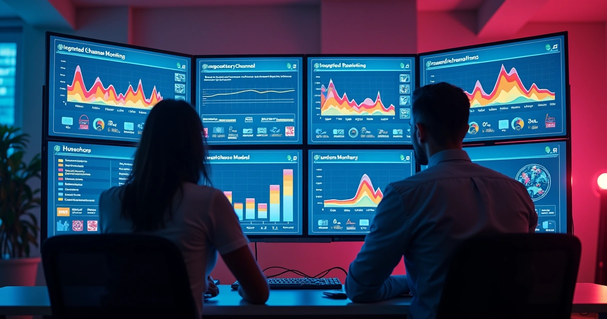 Painel de monitoramento exibindo dados de canais integrados em telas coloridas com gráficos animados 