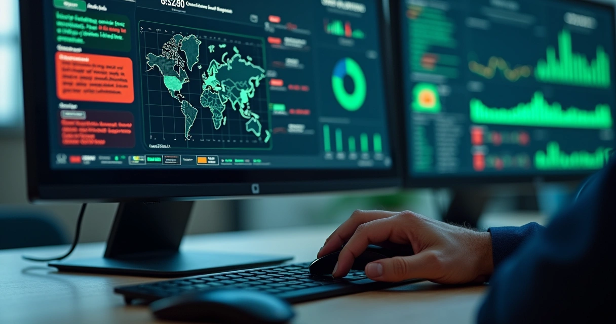 Painel gráfico de monitoramento de cibersegurança com alertas 