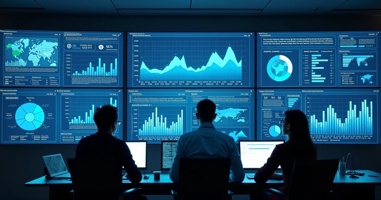 Dashboard mostrando status de projetos de cloud em telas grandes 