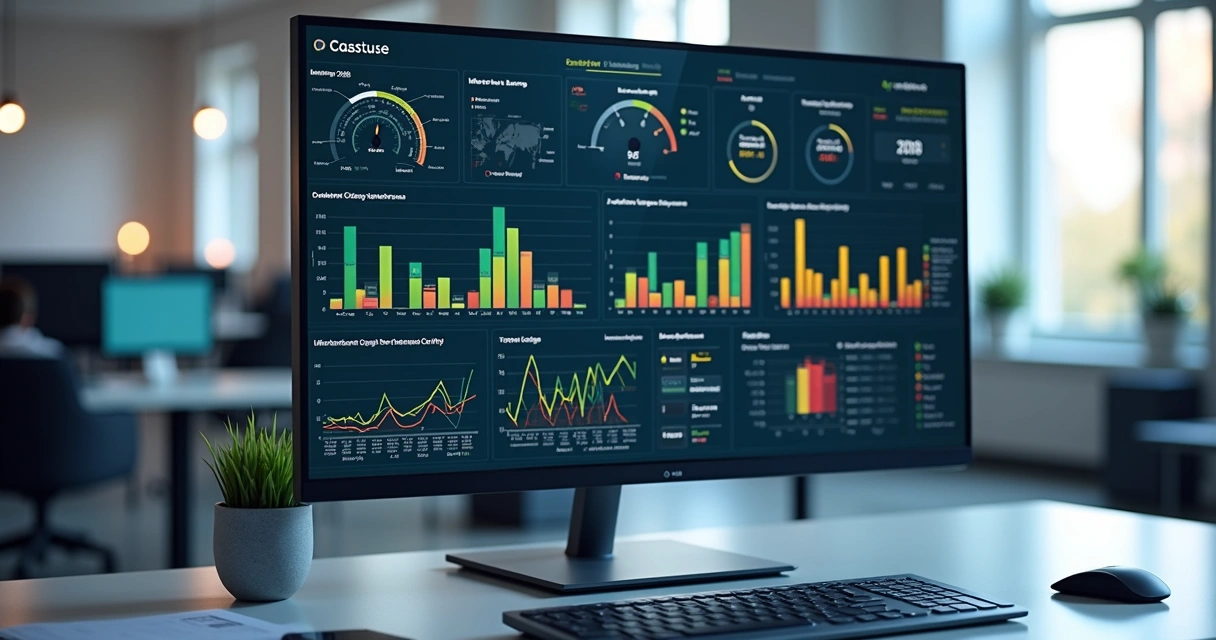 Dashboard digital detalhado mostrando gráficos e indicadores para monitorar desvios e não conformidades em ambiente corporativo 