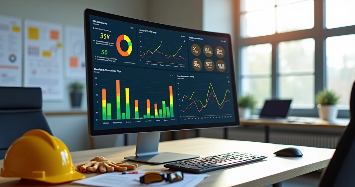 Dashboard detalhado com gráficos de barras, linhas e indicadores de não conformidades em tela de computador com capacete EPI ao lado