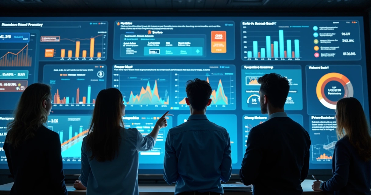 Gestor monitora dashboard colorido de IA em tela grande 