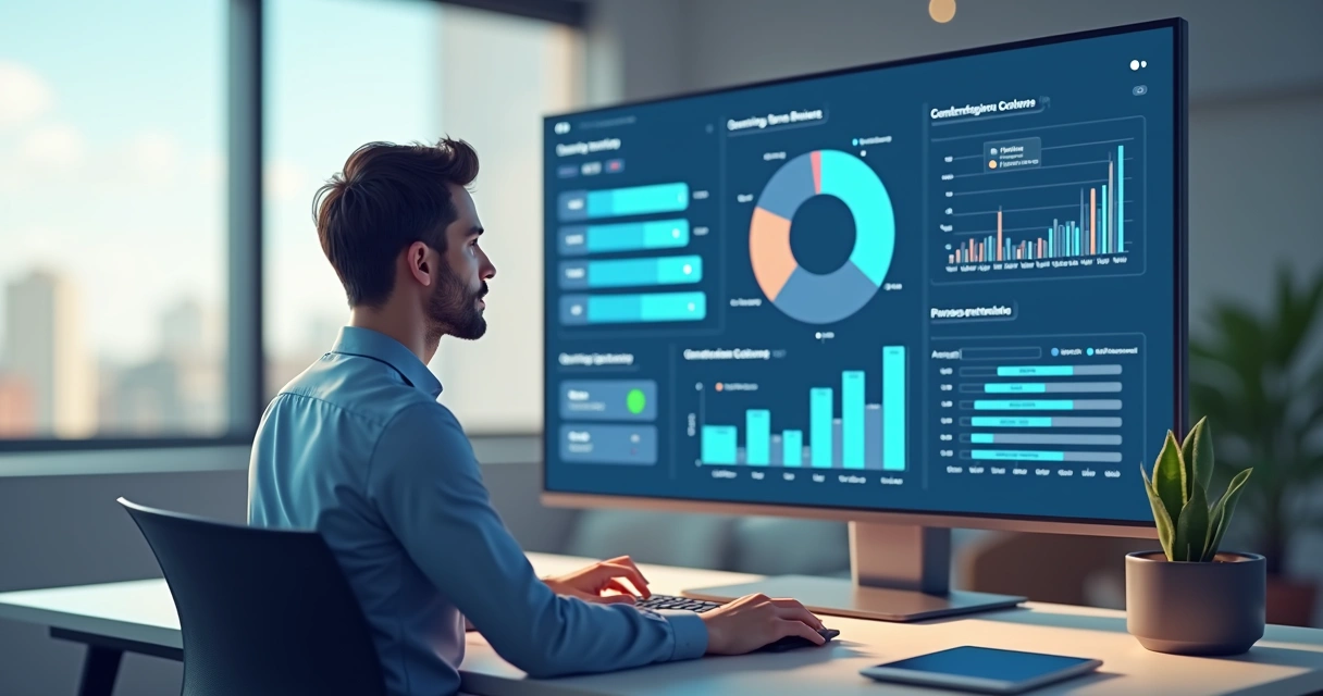 Gestor de negócios analisando dashboard de inteligência artificial 
