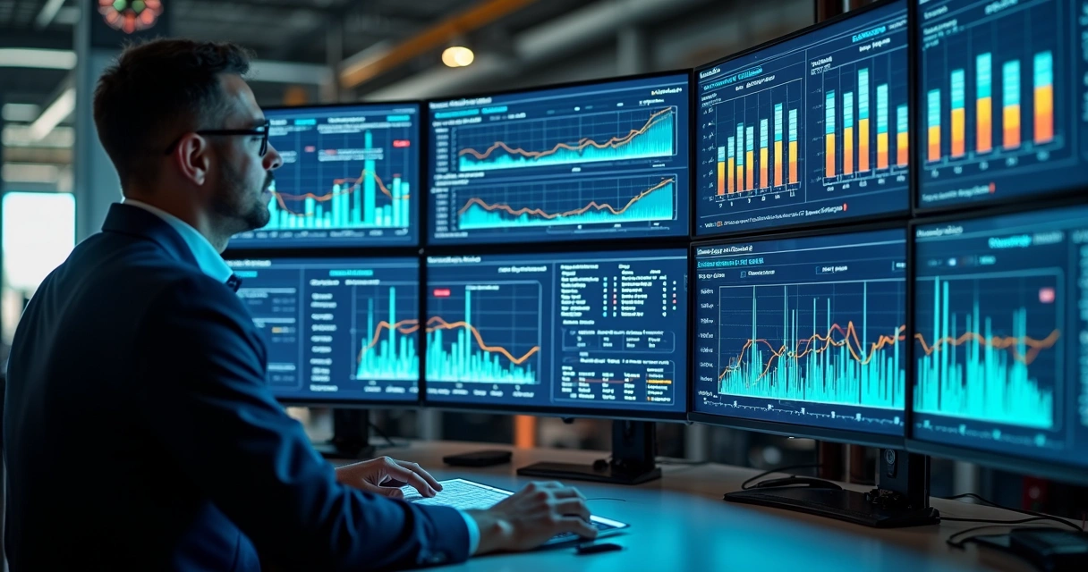 Dashboard digital de monitoramento industrial com gráficos 