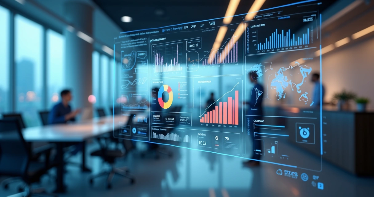 Dashboard digital exibindo gráficos coloridos e métricas de KPIs em tela ampla 