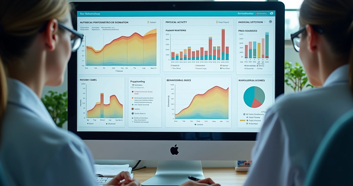 Dashboard digital com gráficos de evolução nutricional e comportamental 