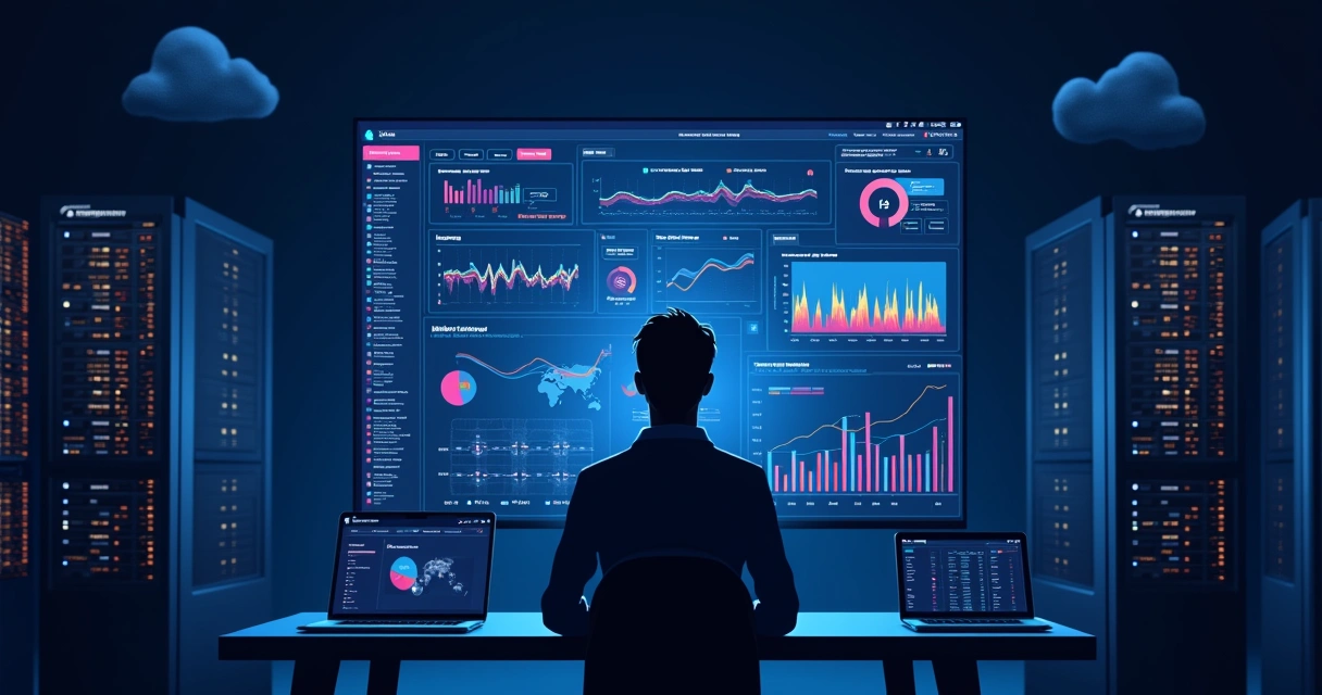 Dashboard de monitoramento de nuvem com gráficos e alertas
