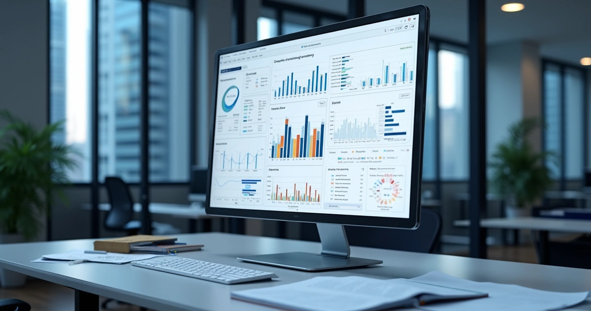 Dashboard de monitoramento de obras exibido em tela grande de computador. 