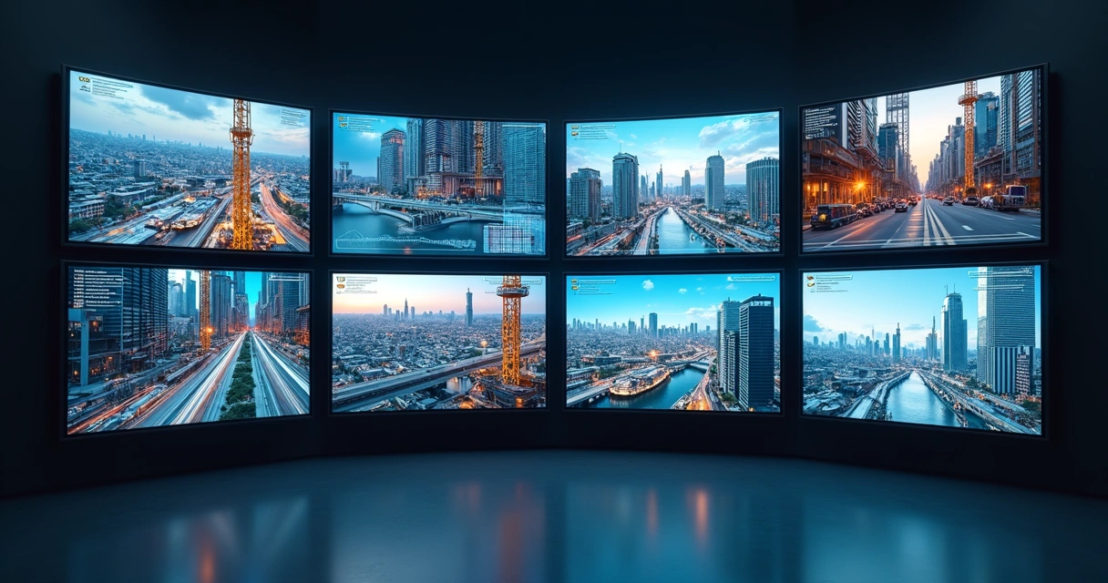Dashboard com imagens de câmeras monitorando obras em tempo real 