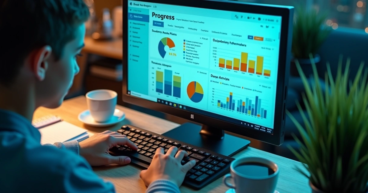 Dashboard de plataforma digital mostrando relatórios e progresso estudantil 