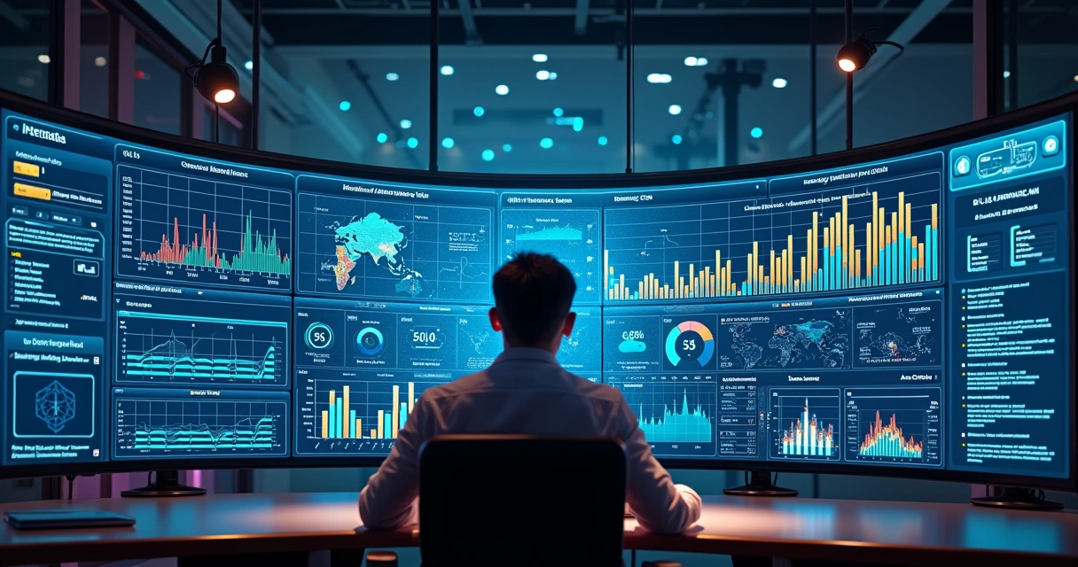 Painel colorido de monitoramento com gráficos e alertas