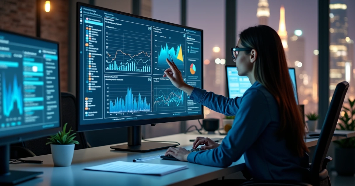 Painel digital mostrando monitoramento de processos em tela de computador. 