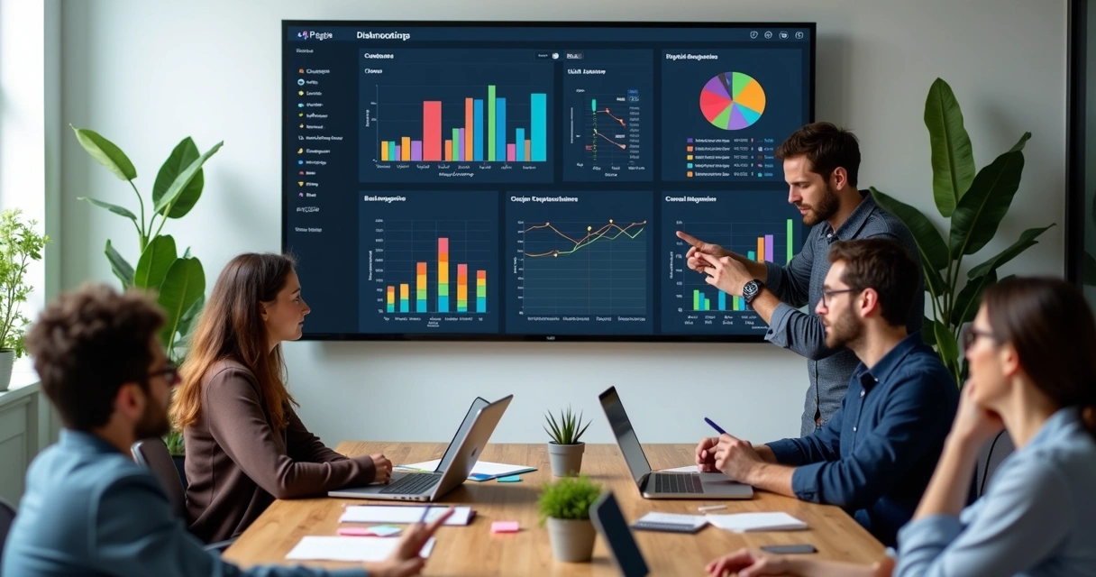Dashboard digital exibindo KPIs em desktop e tablet, com gráficos coloridos em destaque 