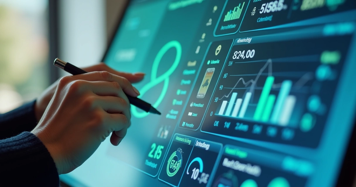 Close de tela de dashboard, mostrando indicadores de clima organizacional, gráficos e alertas digitais. 