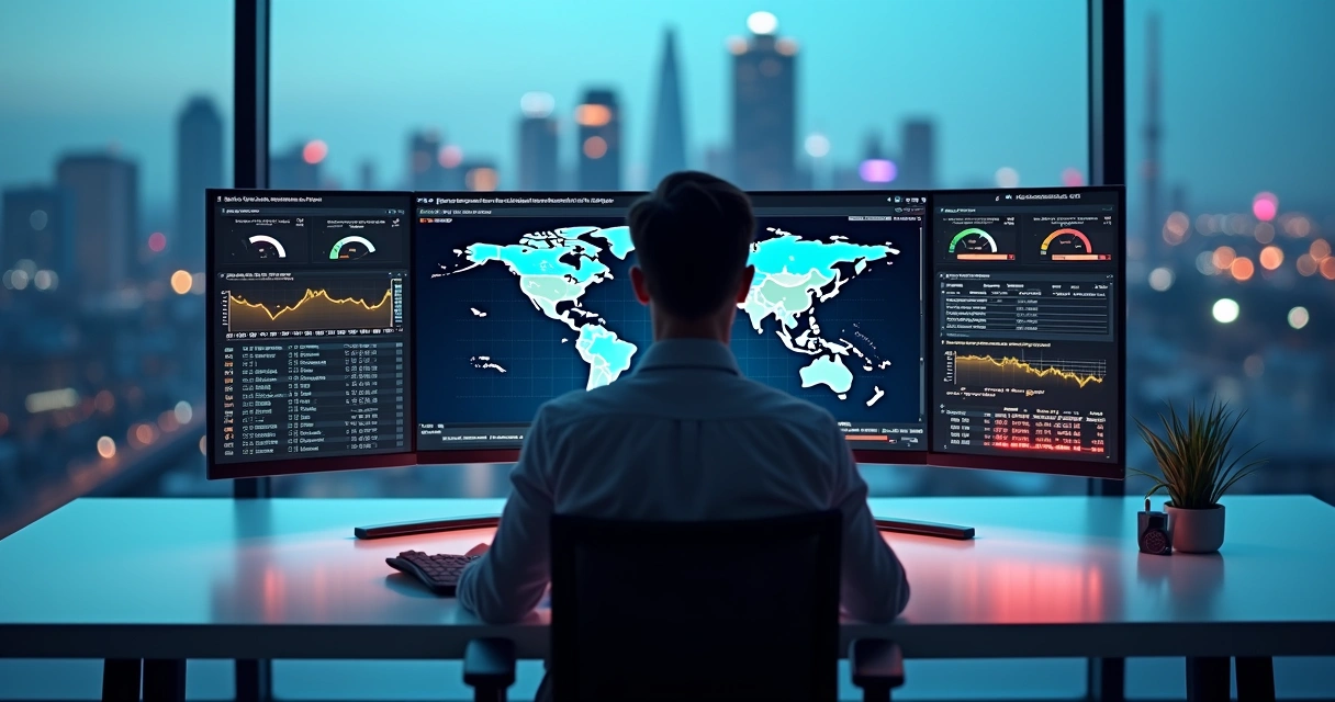 Profissional analisando dashboard de monitoramento remoto em múltiplas telas 