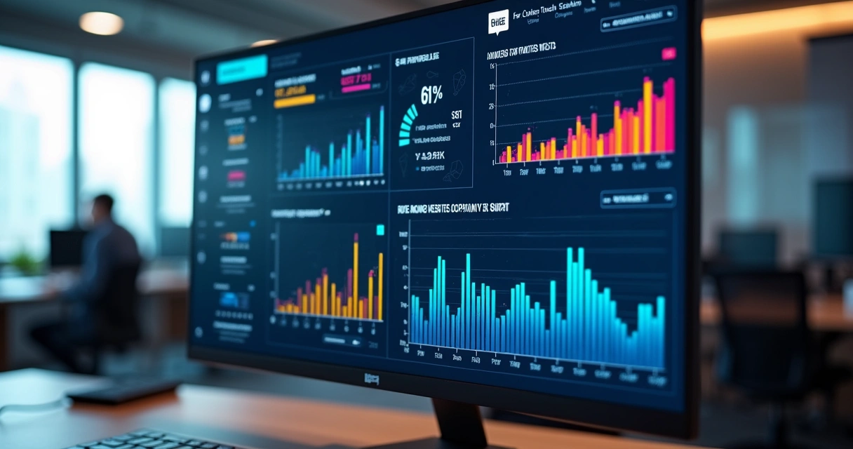 Dashboard digital colorido apresentando status de segurança, gráficos de análises e alertas de vulnerabilidades 