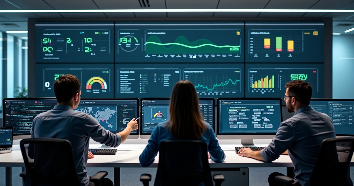 Equipe de TI colaborando diante de grande painel digital com métricas de SLA em tempo real 