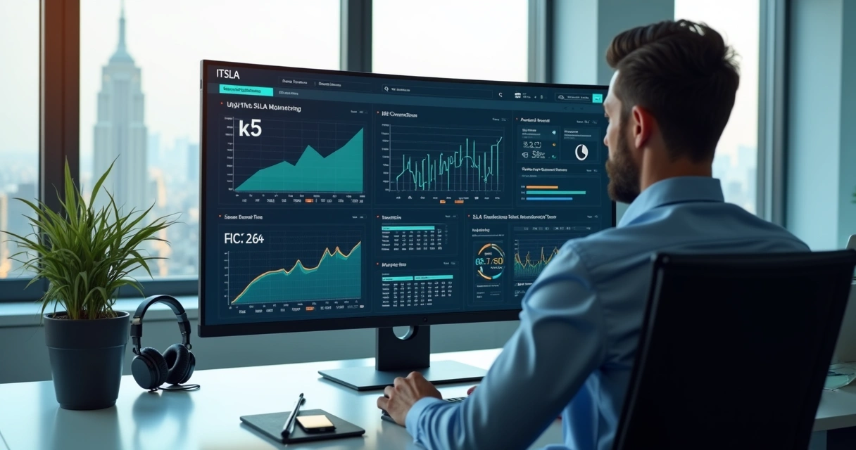 Dashboard de TI mostrando monitoramento de SLAs em tempo real em um escritório moderno 
